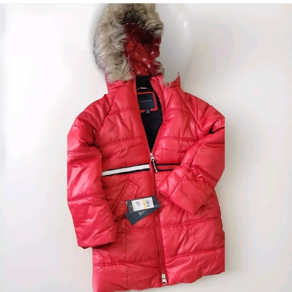 Tommy Hilfiger Red Puffer Jacket with Faux Fur Hood
